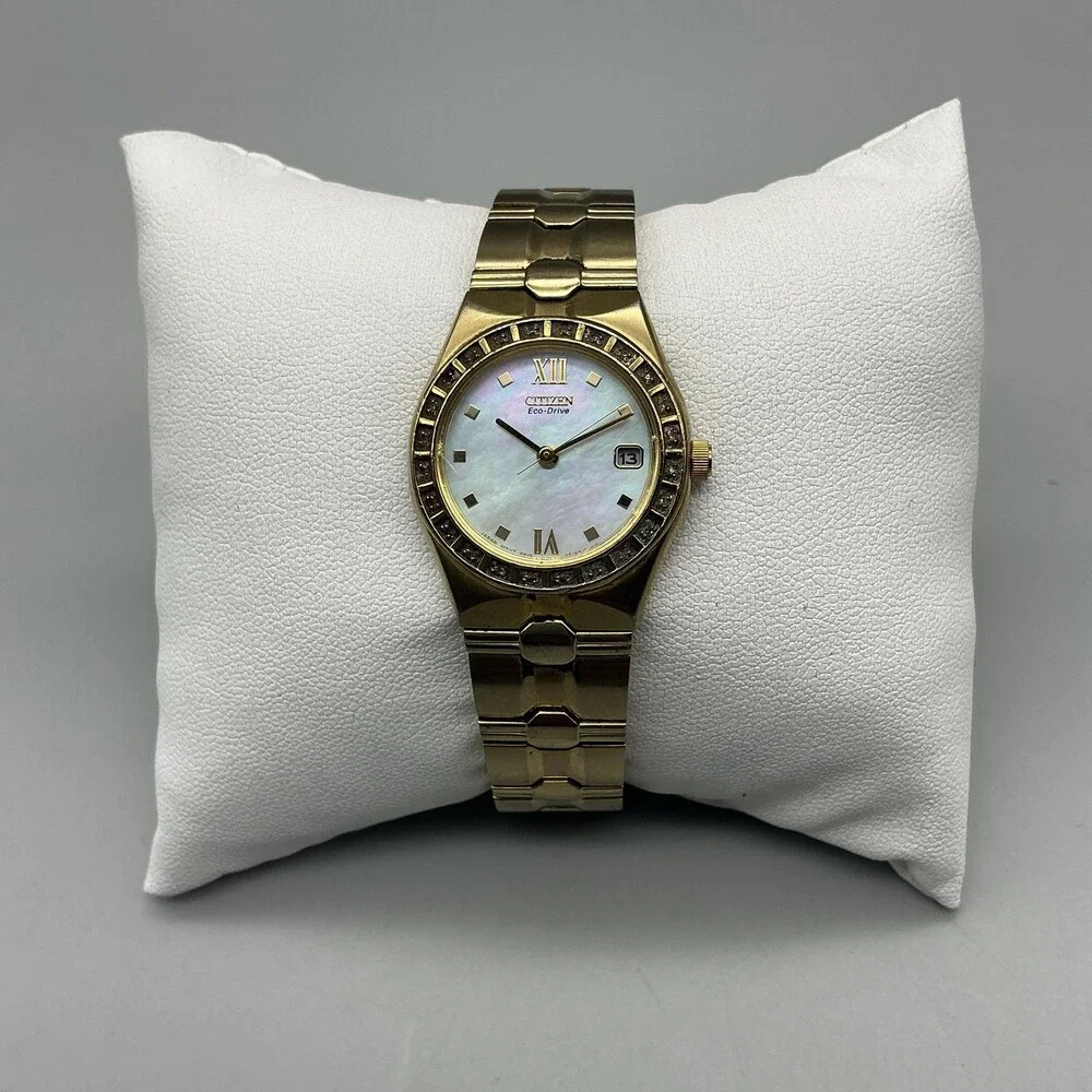 Citizen Eco-Drive Womens Watch 24mm Gold Tone E010-S008646 MOP Crystals 6
